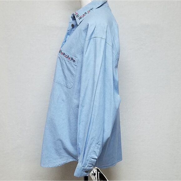 VINTAGE 1990s Deadstock New Look Chambray Button Up Floral Embroidered Blouse - Picture 9 of 14